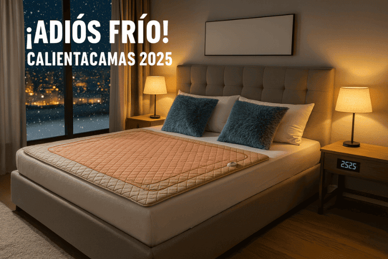 Cama moderna con calientacamas encendida en un dormitorio acogedor durante el invierno.
