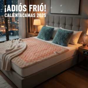Calientacamas eléctrico sobre cama moderna con manta y almohadas azules, ideal para el invierno 2025.